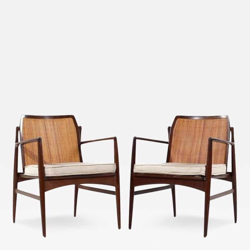 Ib Kofod Larsen Kofod Larsen for Selig Mid Century Walnut and Cane Lounge Chairs Pair