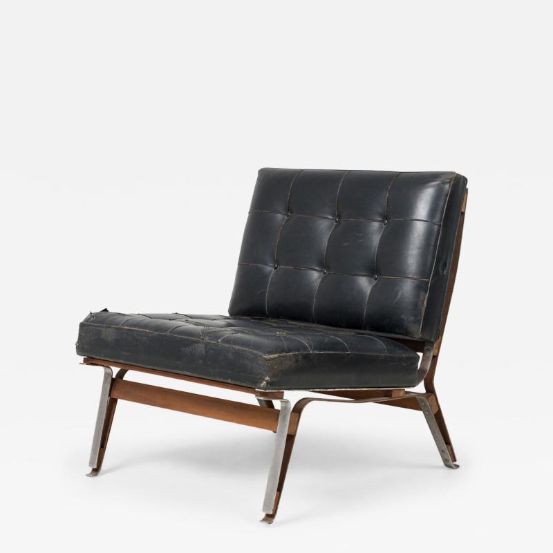 Ico Parisi Ico Parisi Mid Century Italian Metal Black Leather Upholstered Slipper Chair