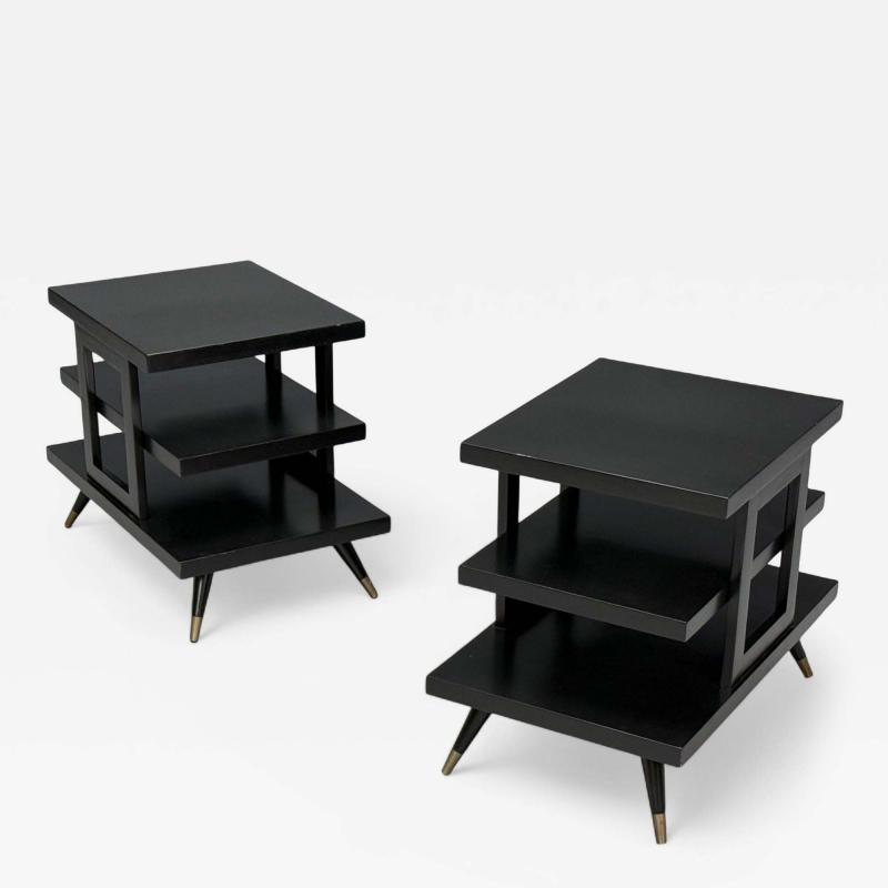 Ico Parisi Ico Parisi Style Ebonized Wood Brass Sculptural Side Tables Europe 1950s