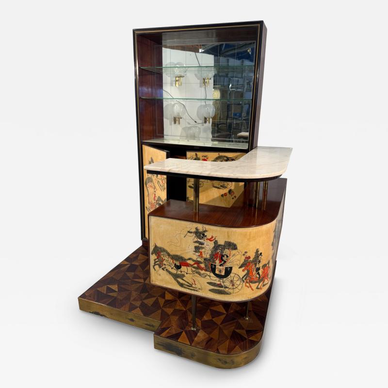 Ico Parisi Italian Bar Cabinet with Reverse Painted Panels and Marble Top
