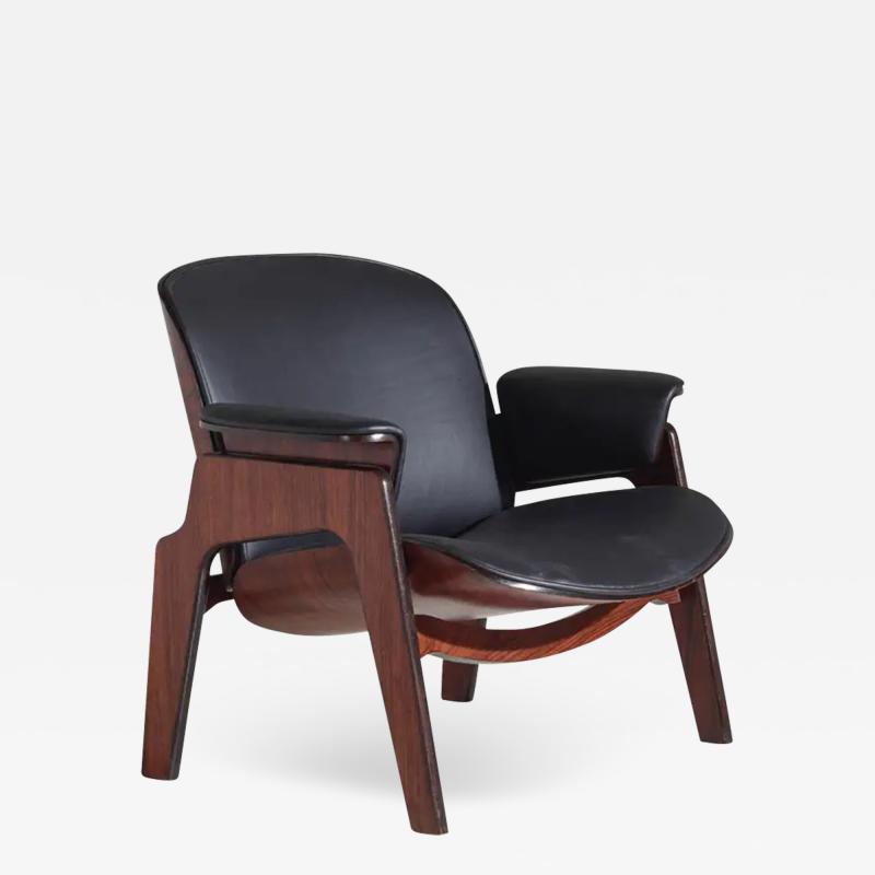 Ico Parisi Midcentury Armchair by Ico Parisi for Mim Roma Made by Wood and Black Leather
