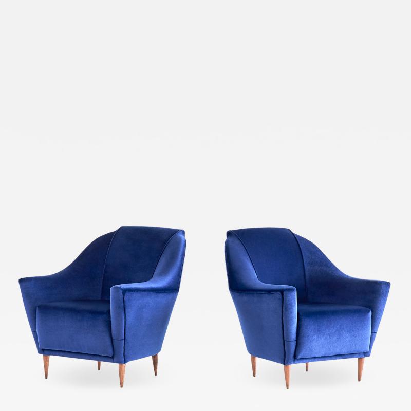 Ico Parisi Pair of Ico Parisi Armchairs in Blue Mohair Velvet 1951