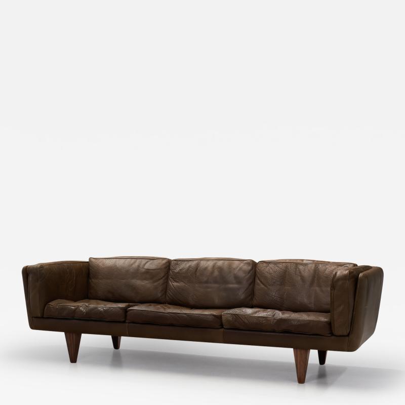 Illum Wikkels Illum Wikkels V11 Brown Leather Sofa for Holger Christiansen Denmark 1960s