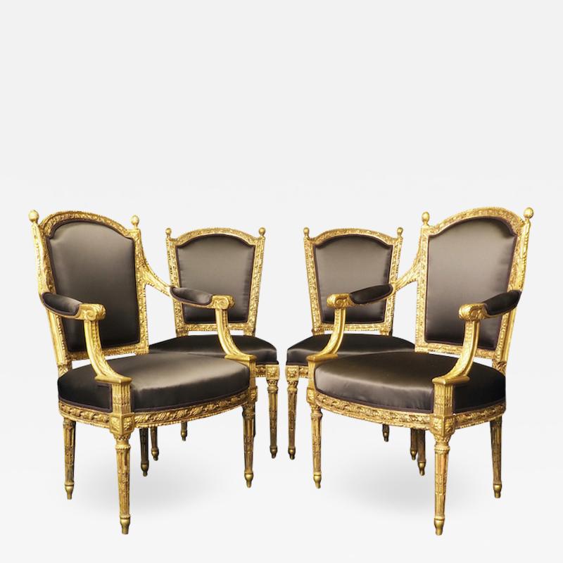 Important Set of Four 18th Century Louis XVI Giltwood Chairs with Stamp