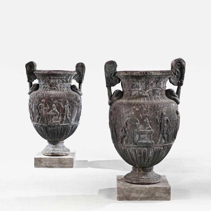 Imposing Pair of French Ornamental Lead Vases Based on the Sosibios Vase