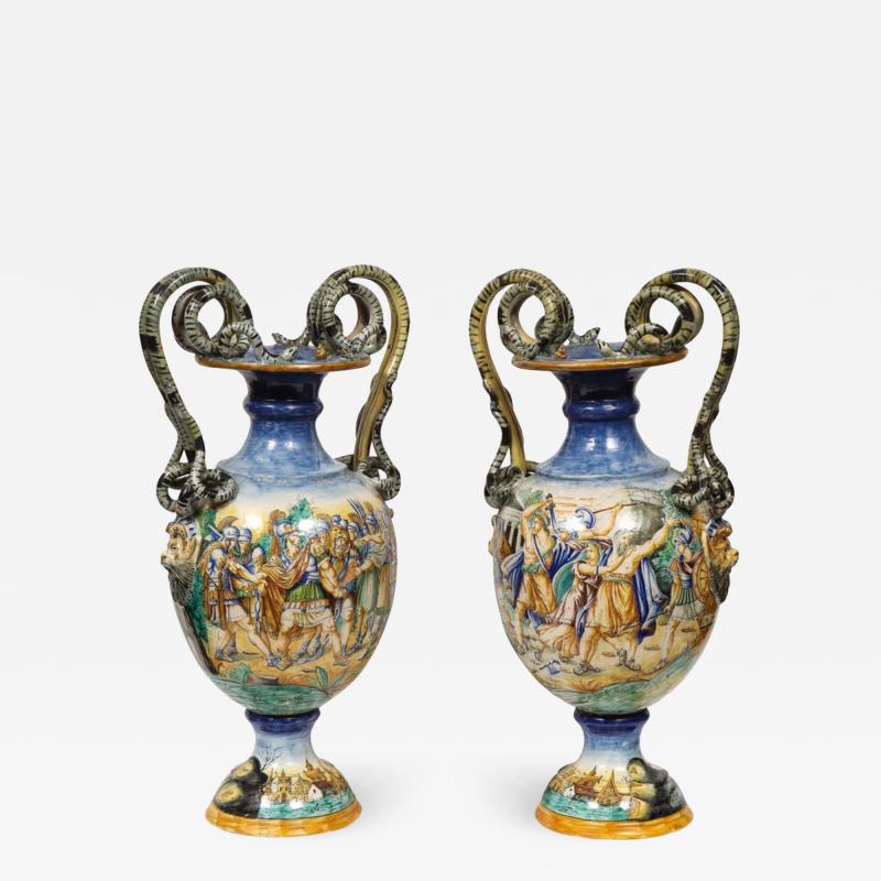 Imposing Pair of Large Antique Italian Majolica Snake Handled Vases