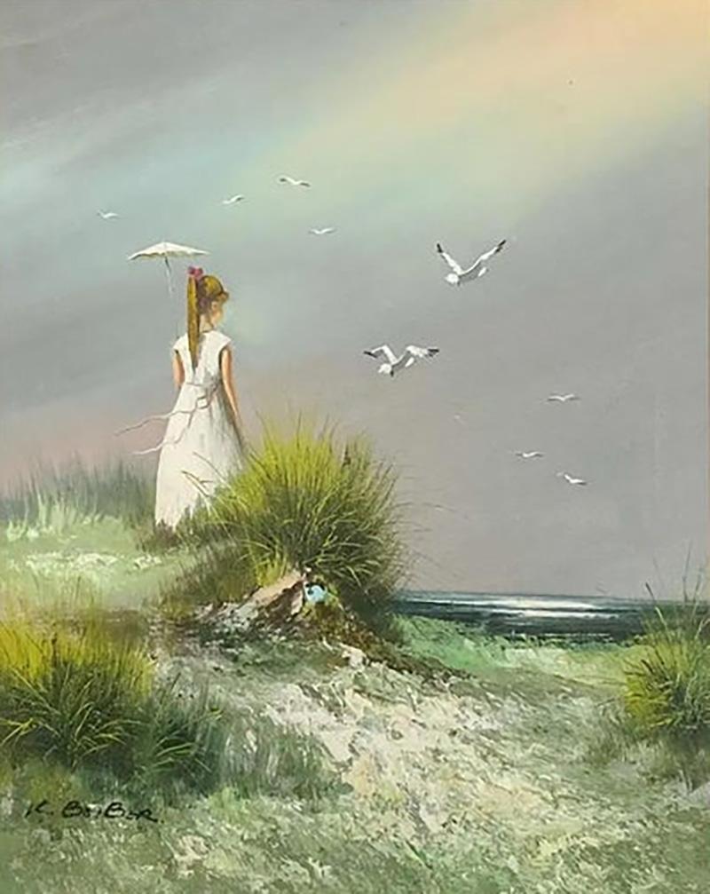 Impressionistic Seascape Oil on Canvas Painting of a Lady and Seagulls