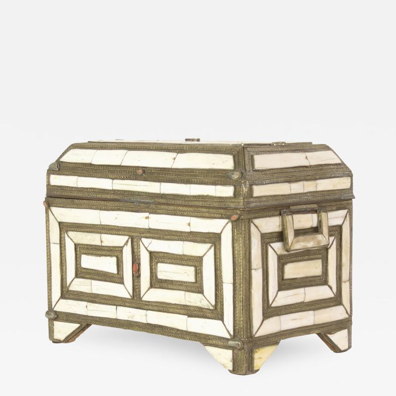 Impressive Antique Moroccan Camel Bone Silvered Brass Chest Mid 19th Century 