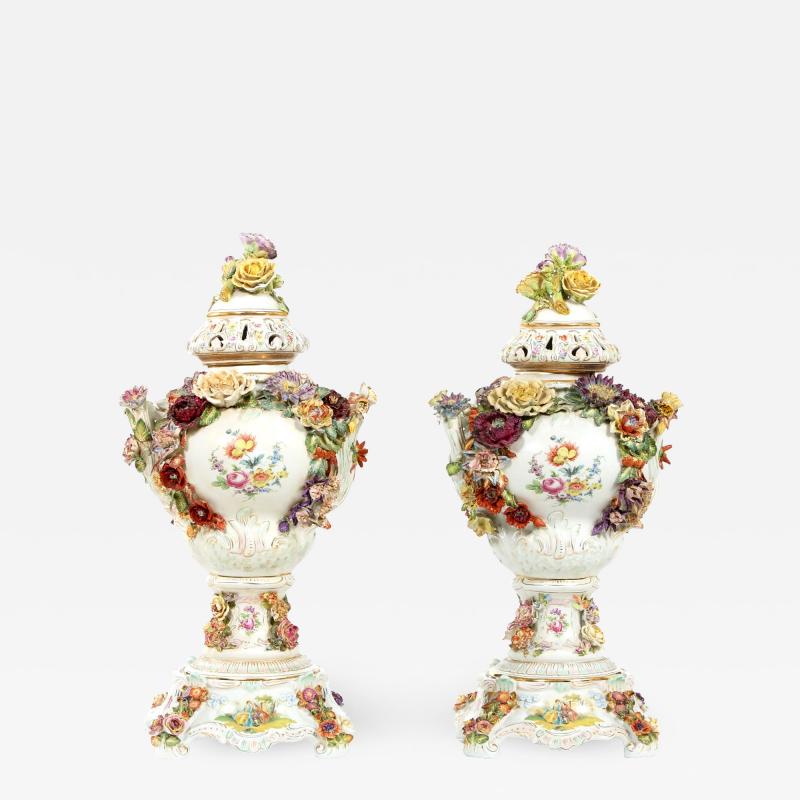 Impressive Pair German Porcelain Covered Urn Centerpieces