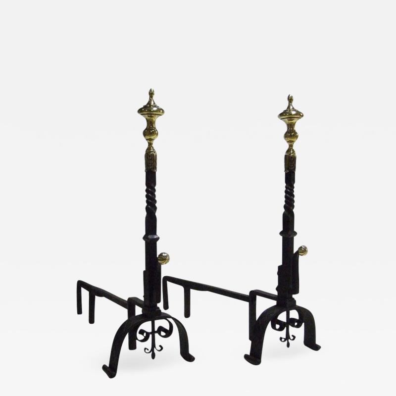 Impressive Pair of 18th Century Brass and Iron Andirons