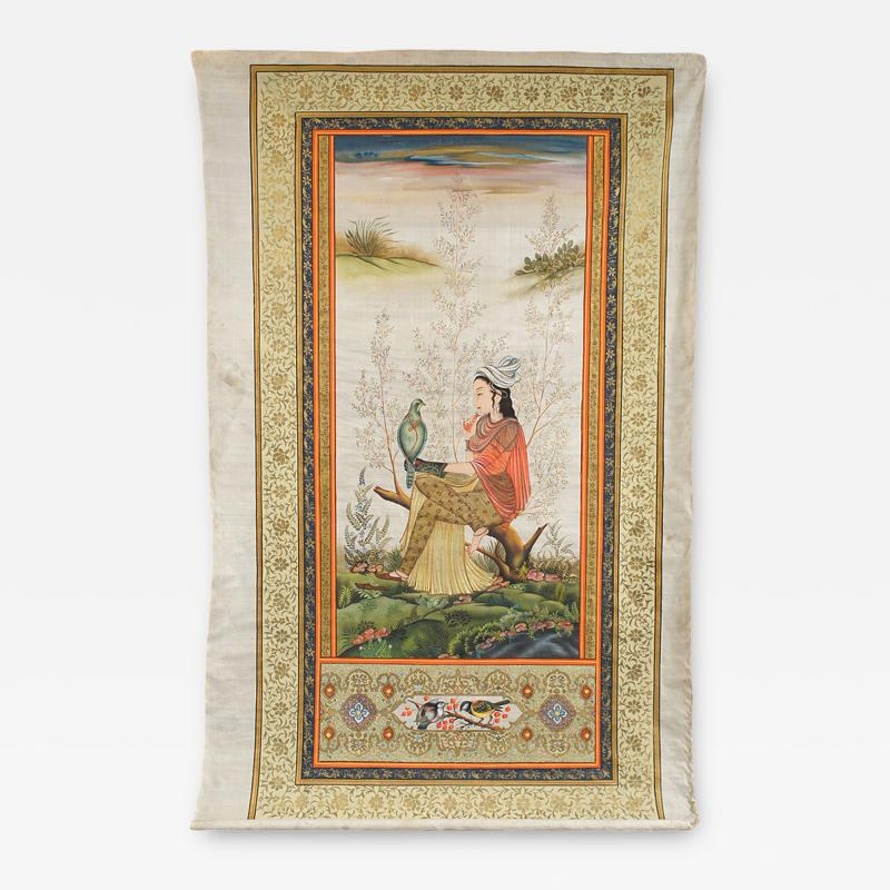 Indian Painting of Lady with Falcon on Silk 