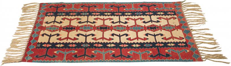 Indigenous American Woven Patterned Red Blue and Beige Rectangular Fringed Rug