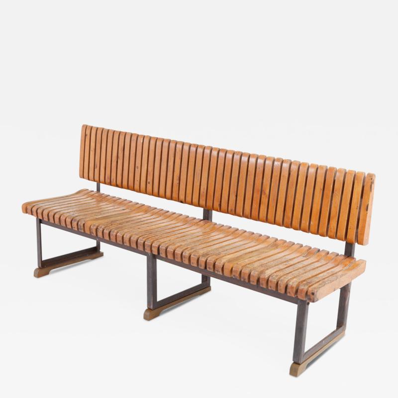 Industrial Bench With Slatted Seat And Backrest 1950s