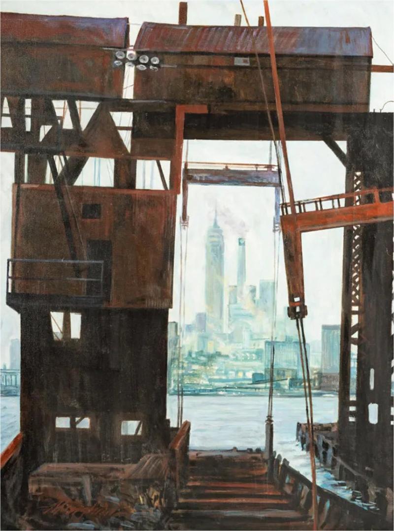 Industrial Chic Oil Painting of the Brooklyn New York Ship Yards