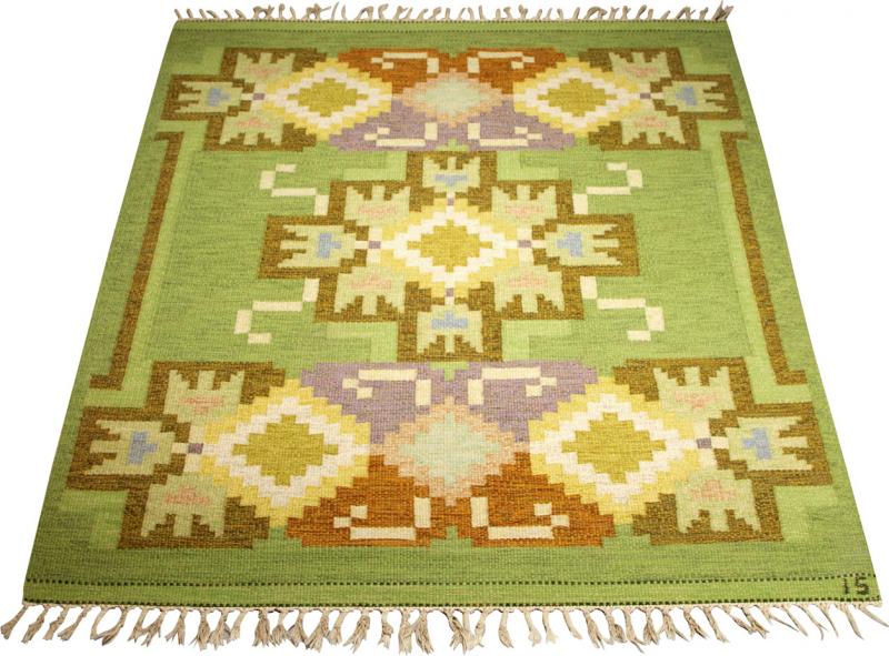 Ingegerd Silow Ingegerd Silow Green Flat Weave Rug Sweden 1950s