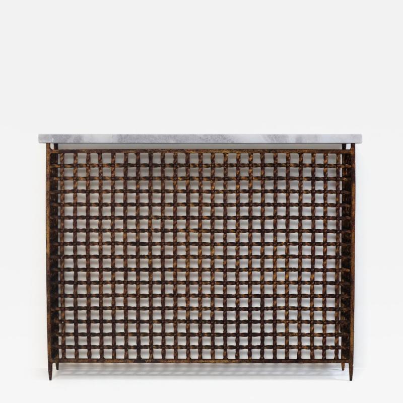 Intricate 1950s twisted iron radiator cover console with later marble top