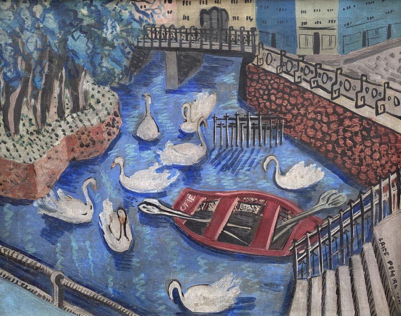 Irene Rice Pereira Red Boat with Swans 