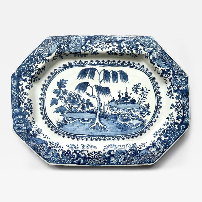 Irish Delft Blue and White Chinoiserie Platter of Massive Scale circa 1760