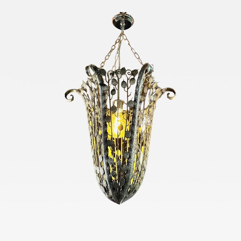 Iron Nickel Art Deco Hanging Light Fixture Floral French