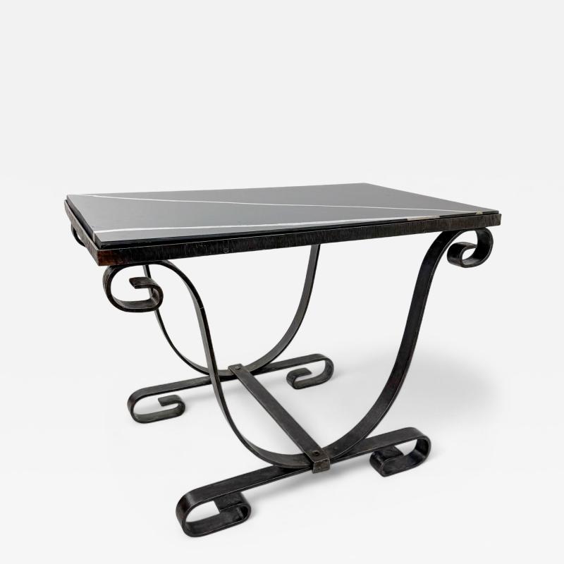 Iron Scroll Form Side Table with Black Marble Top