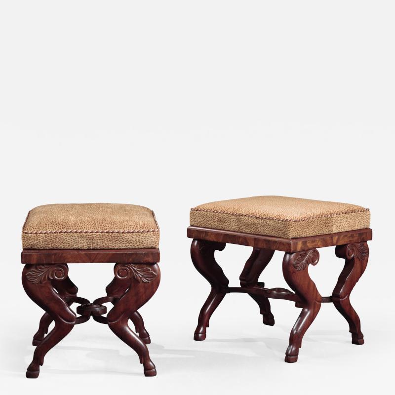 Isaac Vose Pair of Carved Mahogany Footstools with Cloven Hooves