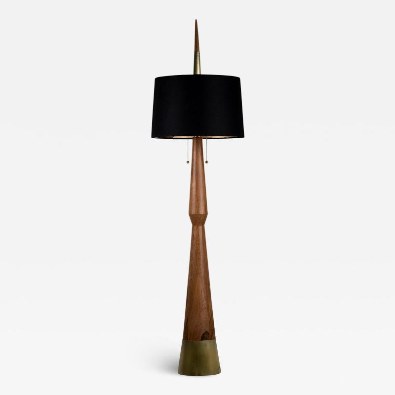 Isabel Moncada Modern Floor Lamp Natural Parota Wood Hand Forged Brass Black Fiberglass Shade