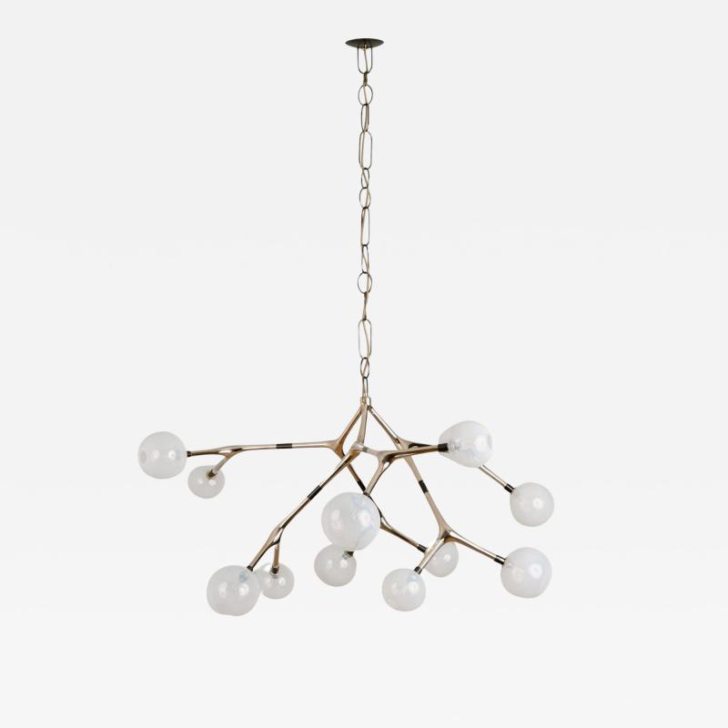 Isabel Moncada Organic Modern Chandelier Polished Lost Wax Bronze White Blown Glass Globes