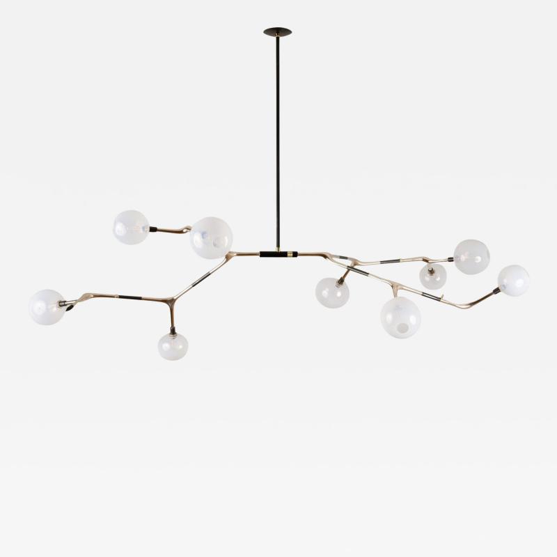 Isabel Moncada Organic Modern Light Fixture Lost Wax Polished Bronze 9 White Blown Glass Globes