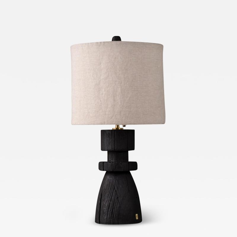 Isabel Moncada Sculptural Table Lamp Mezquite Burned Wood Flexible Natural Linen Shade