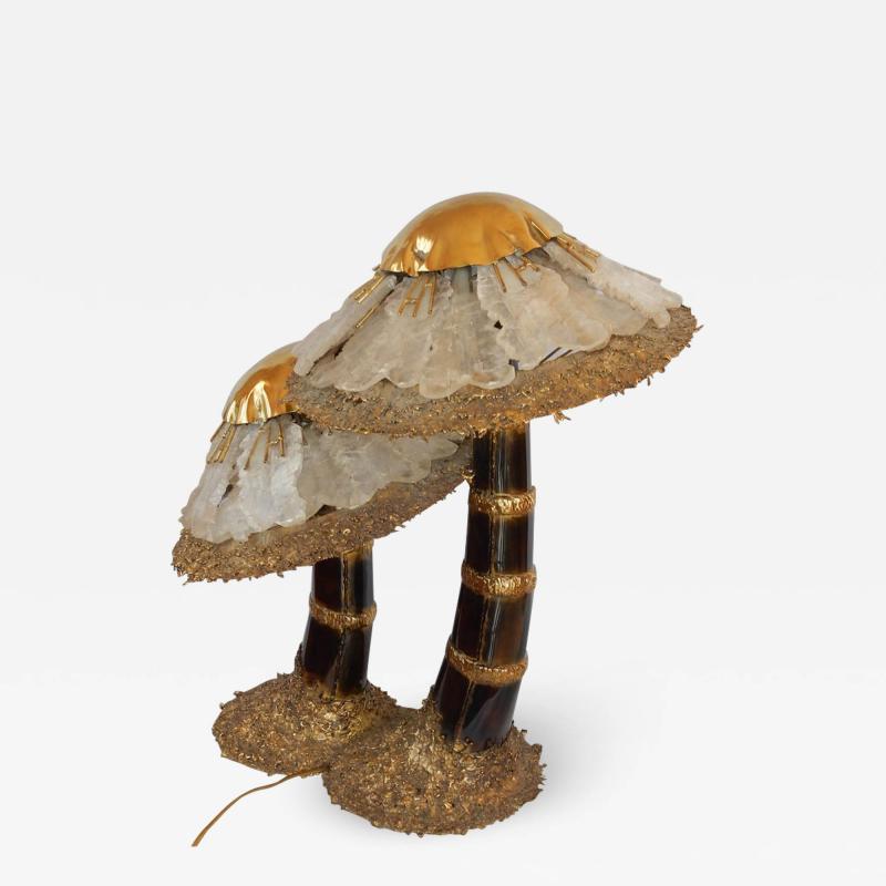 Isabelle Faure 1970 Lamp Illuminating Mushrooms In Brass With Gypsum Imitating Rock Crystal