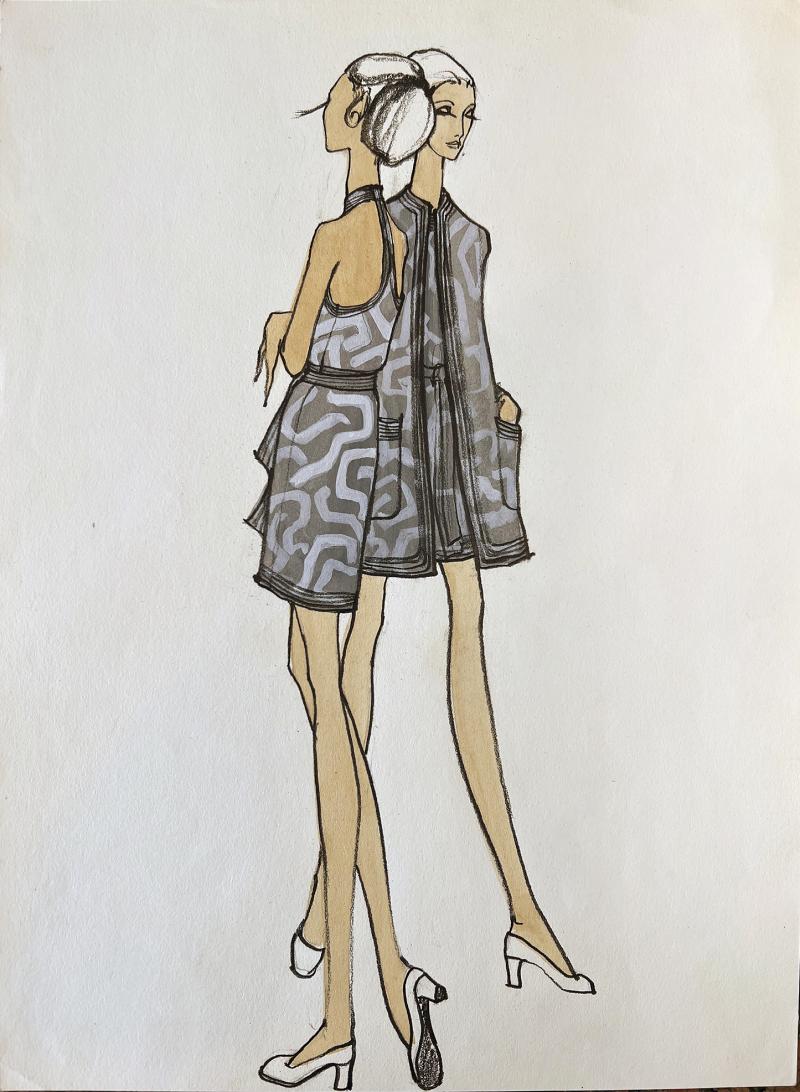 Issey Miyake Fashion Illustration with Two Leggy Models in Monochromatic Greys