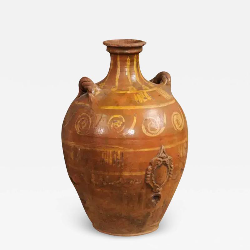 Italian 17th Century Terracotta Olive Oil Jar with Yellow Glazed Spiraling D cor