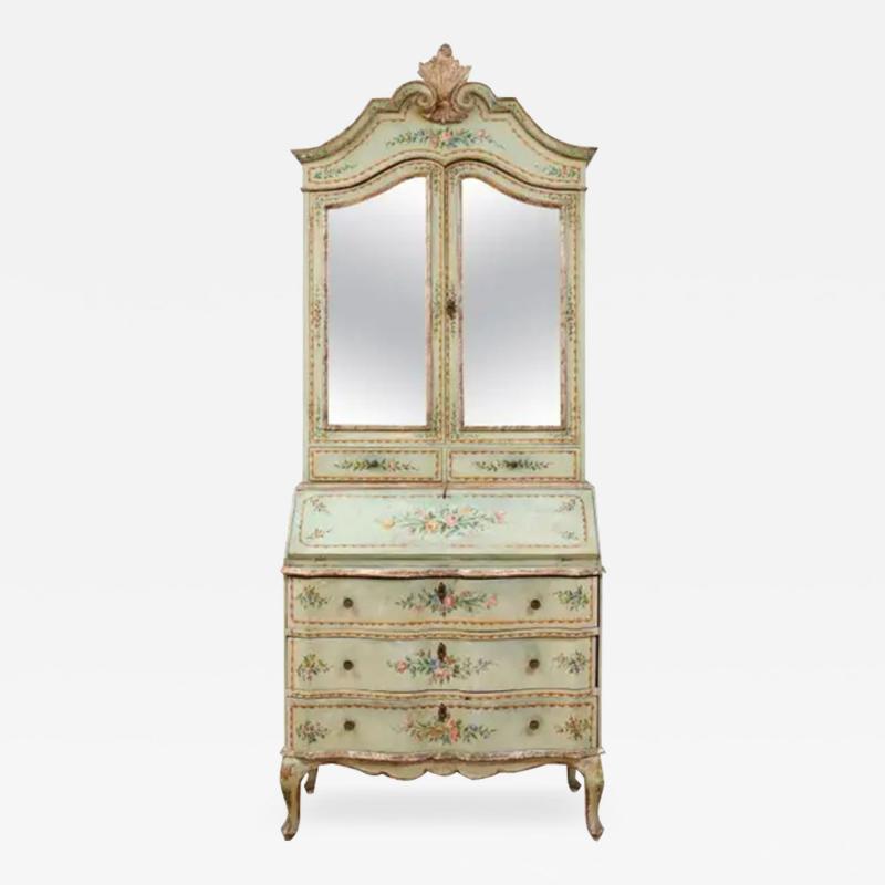 Italian 1850s Rococo Style Tall Secretary with Slanted Desk and Original Paint
