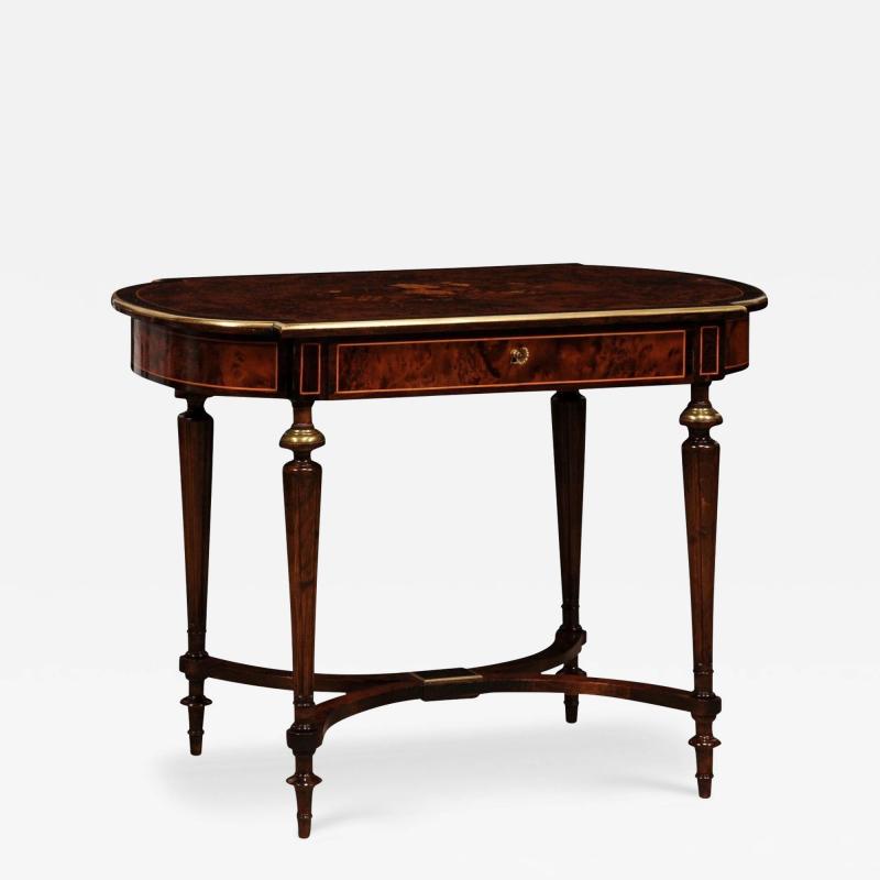 Italian 1890s Walnut Mahogany and Brass Side Table with Floral Marquetry D cor