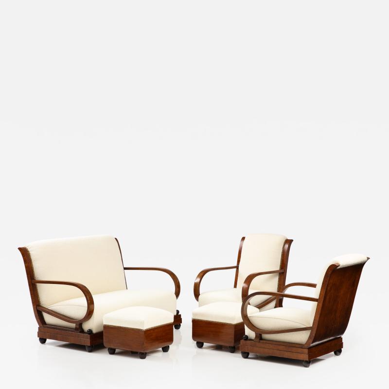 Italian 1920s Carved Walnut Settee Pair of Armchairs and Ottomans