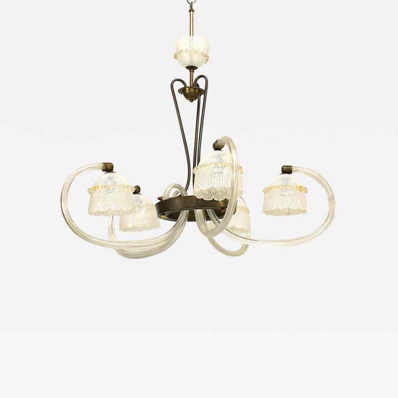 Italian 1930s Murano RETICELLO Clear Glass and Brass Chandelier