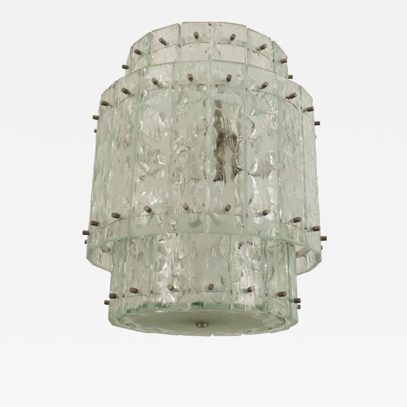 Italian 1940s Acid Etched and Textured Glass Panel Round Tiered Lantern