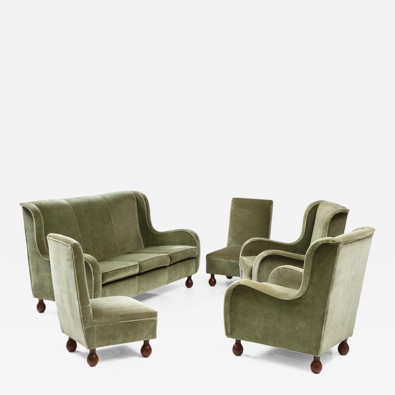 Italian 1940s Living Room Suite Sofa Pair of Chairs Pair of Slipper Chairs