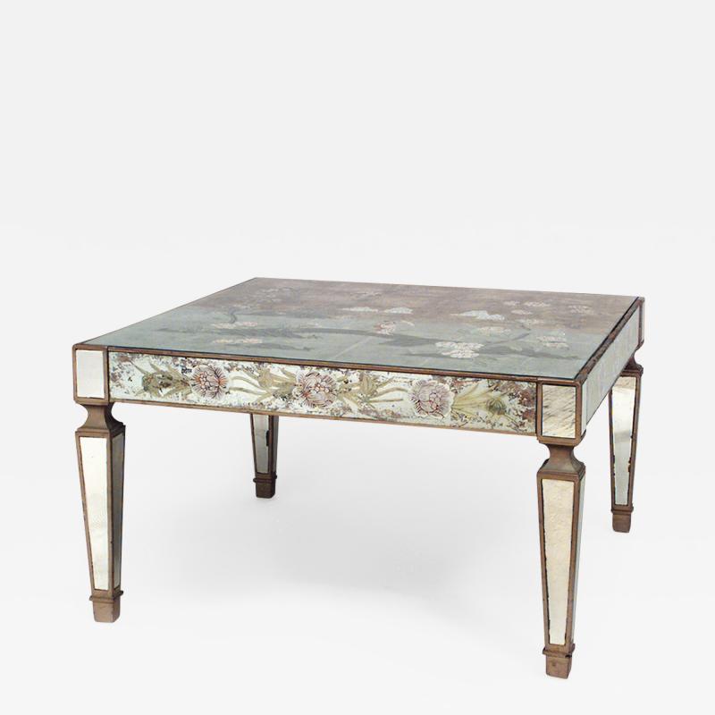 Italian 1940s Reverse Painted Mirrored Square Coffee Table