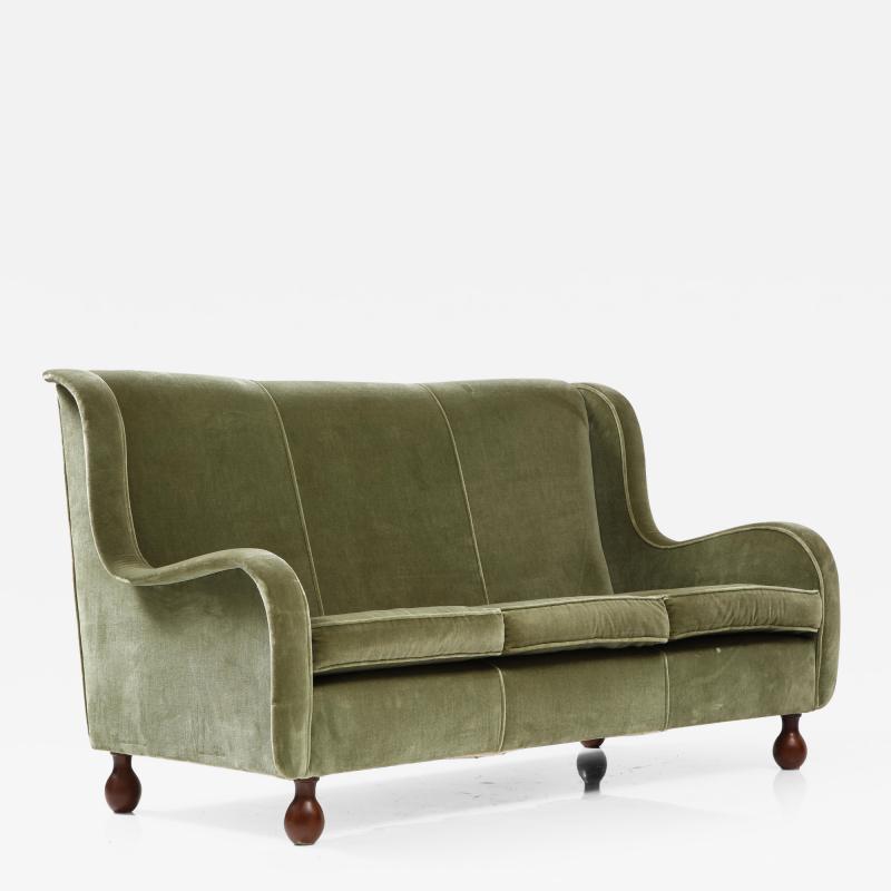 Italian 1940s Velvet Sofa with Walnut Bun Feet