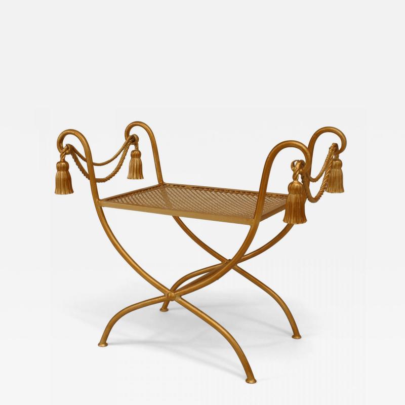 Italian 1940s gilt metal rope and tassel design bench with side arms