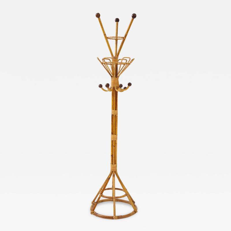 Italian 1950s Bamboo and Wood Hat Coat Rack Stand