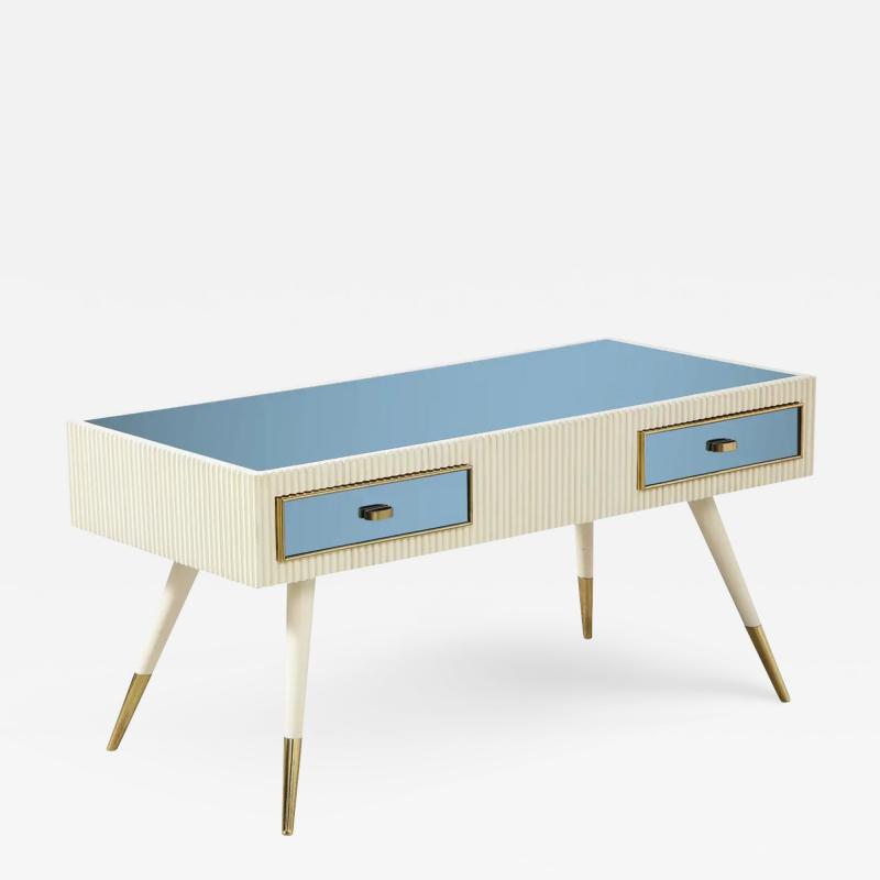 Italian 1950s Blue Glass and Painted Coffee Table with Brass Detail