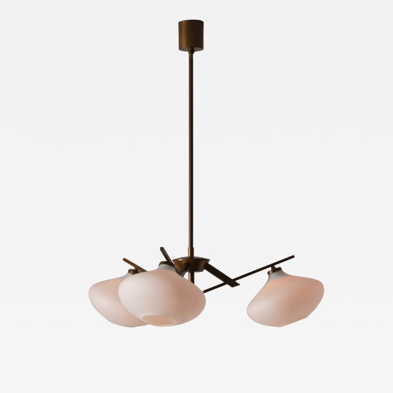 Italian 1950s Brass Chandelier with Three Opaline Glass Shades