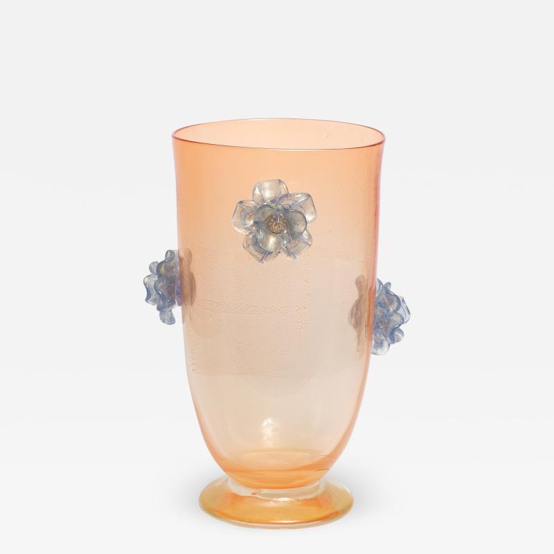 Italian 1950s tall peach coloured Venetian vase with decorative blue flowers