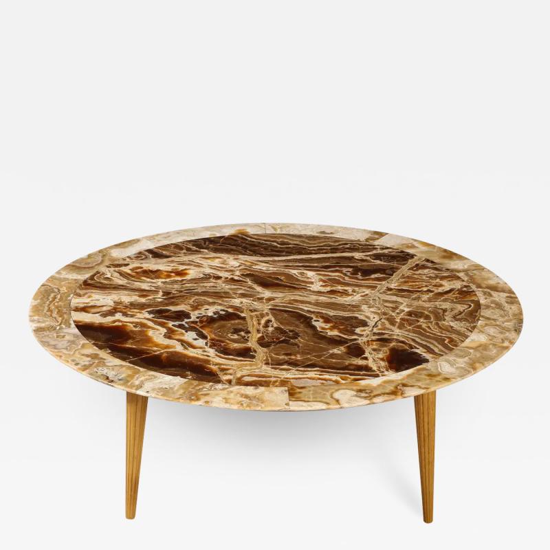 Italian 1960s Circular Coffee Table with Oak Fluted Base and Agate Top