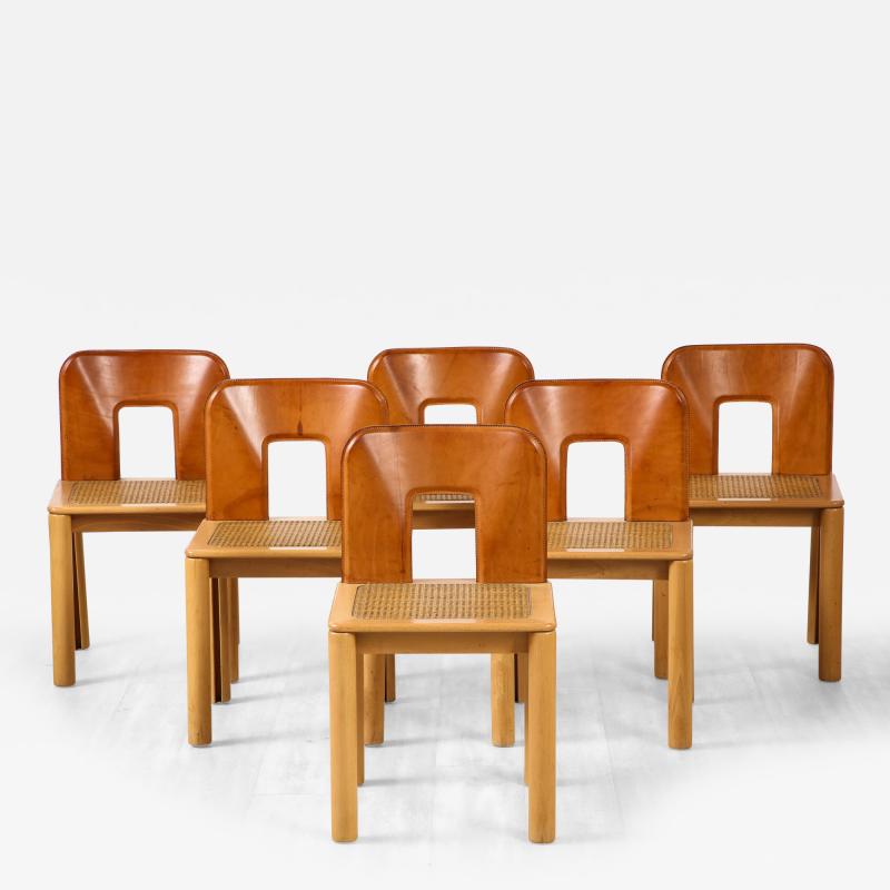 Italian 1970s Dining Chairs with Leather Wood Cane Seats Italy circa 1970