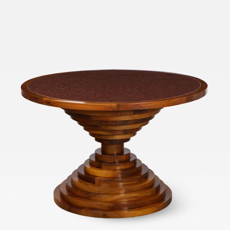 Italian 1970s Walnut Circular Dining Table with Marble Top