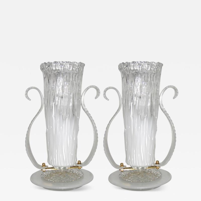Italian 1980s Art Deco Design Pair of White and Clear Murano Glass Lamps