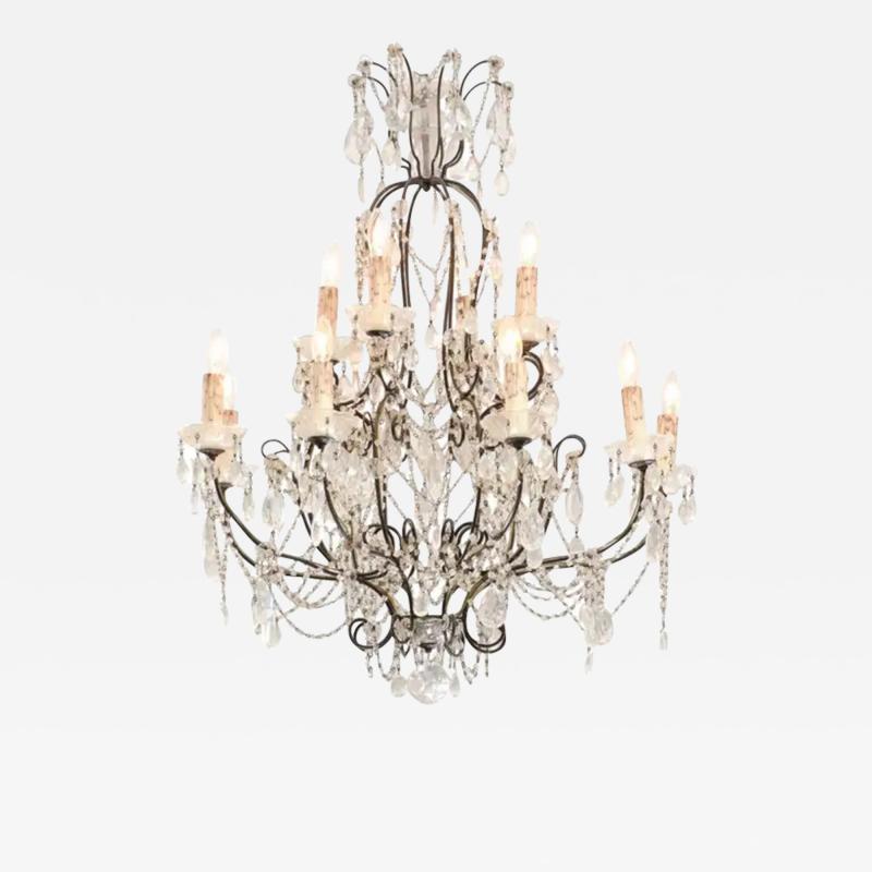 Italian 19th Century 10 Light Crystal and Iron Chandelier with Scrolling Arms